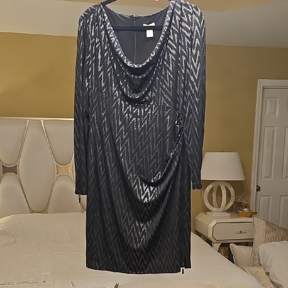 Cache Black and Silver Chevron Long Sleeve Dress Size XL